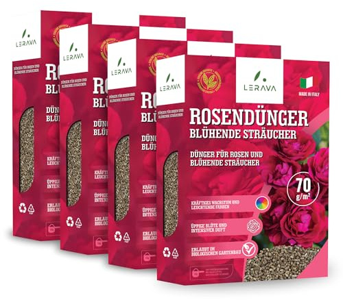 LERAVA Rosendünger (4x800g) - Bio Rosen Langzeitdünger - 3 Monate Langzeitwirkung - Für kräftige, farbenfrohe Blüten - Organischer Rosendünger für Garten & Topfpflanzen - Made in Italy