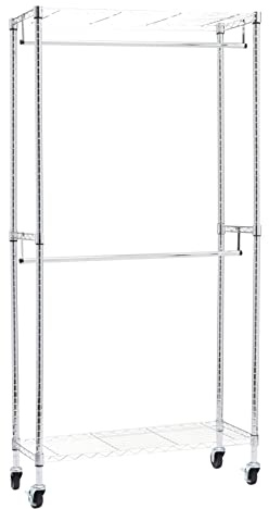 Amazon Basics Doppel-Kleiderstange Offen mit Rädern und Höhenverstellbaren Regalen - Maximalgewicht 181 kg, Chromfarben, 91 cm L x 35,5 cm W x 183 cm H