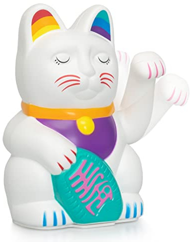 ANGRY CAT Regenbogen Winkekatze - Bunte Lucky Cat in Regenbogen Farben - süße WinkKatze - Katze mit Winke-Arm - dekorative Wackelfigur – Rainbow CAT, 15cm