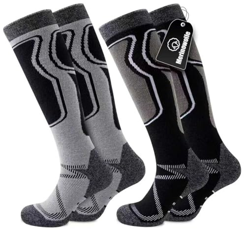 Effeet 2 Paar Skisocken aus Merinowolle für Herren Damen, Warme Gepolsterte Thermosocken Weich Winterstrümpfe, Kniestrümpfe mit Polsterung für Snowboarden Skifahren Jagen Wandern Grau & Schwarz 43-46