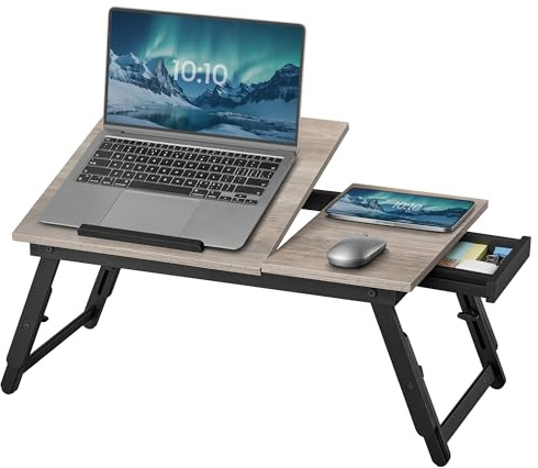 SONGMICS Laptoptisch für Bett, Laptopständer, Winkel und höhenverstellbar, klappbare Beine, für Laptops bis 15,6 Zoll, Arbeiten, Lesen, Bambusbeine, Schublade, 55,5 x 34,9 cm, Greige meliert LLD105W01