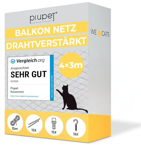 PiuPet® Katzennetz Drahtverstärkt I 4x3m I schwarz I Befestigungsset inklusive I Katzennetz für Balkon | Katzengitter Fenster | Katzen Fensterschutz