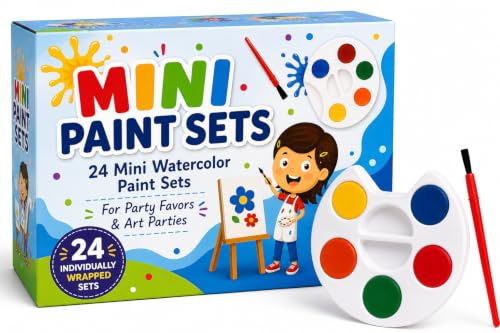 Mini Watercolor Paint Set, 24er-Pack – 5 Farben, Palette und Pinsel Kinder | Ideal als Mitgebsel für Geburtstage, Geschenke für Kinder, Füllmaterial für Adventskalender und Bastelmaterial für Partys für