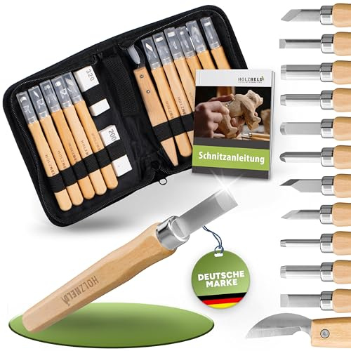 HOLZHELD Schnitzwerkzeug Set (16-teilig) mit Anleitung für 1 Schnitzprojekt - 12 hochwertige Schnitzmesser zum Schnitzen mit prakt. Werkzeugtasche