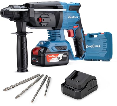 DongCheng Akku Bohrhammer 20V, Schlagenergie 2.8 J, mit 4 Stück SDS-plus, Bohren bis 28 mm, Bürstenloser Bohrhammer Motor, Anti-Vibrationsgriff, inkl. 4Ah Akku und 2A Ladegerät im Handwerkerkoffer