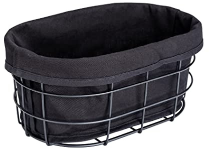 WENKO Brotkorb Mod. Bela, Black Outdoor Kitchen Korb für Brot, Brötchen und Baguette aus pulverbeschichtetem Metall mit waschbarer Einlage aus 100% Baumwolle, 27 x 17 x 11,5 cm, Schwarz