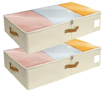 SYEXDZON Unterbett Aufbewahrungsbox, Unterbettkommode Mit Stützplatte an Allen Seiten,2 Stück Kleidung Aufbewahrung, mit Deckel für Bettdecken Decke Kleidungsstück (Beige, Ohne untere Stützplatte)