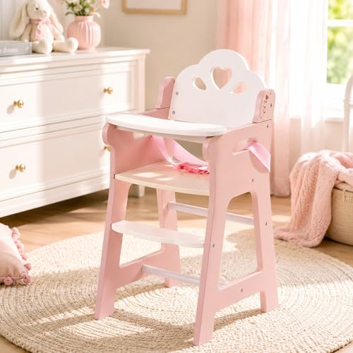 ROBOTIME Baby Puppen Hochstuhl, Holz Puppenmöbel für Puppen bis 18 Zoll, mit Sicherheitsgurt & Fußablage, Stabiler & stilvoller Puppens Fütterungsstuhl, Puppenzubehör für Kinder ab 3 Jahren (Rosa)