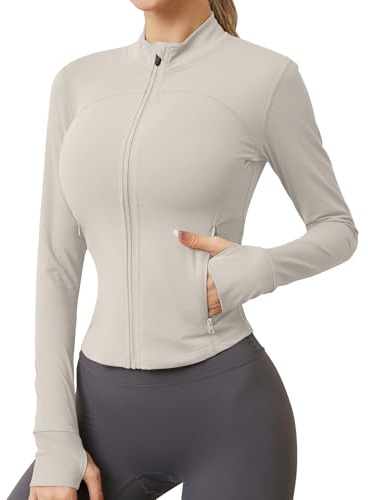 IECCP Damen Sportjacke Laufjacke Langarm Gym Tops Yoga Fitness Sport Oberteile Zwei Reißverschlusstaschen Leicht Trainingsjacke mit Daumenloch
