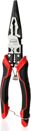 HOUSERAN Spitzzange, Spitzzange Schmal, Lang, 210mm, Flachrundzange, Telefonzange, Abisolierzange+Drahtcrimper+Drahtschneider+Wickelfunktion+Drahtverdrillzange, zum Biegen, Crimpen, Abisolieren