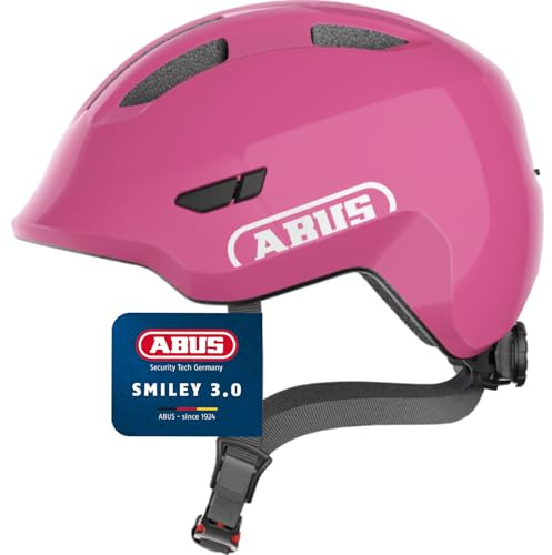 ABUS Kinderhelm Smiley 3.0 - Fahrradhelm mit tiefer Passform, kindergerechten Designs & Platz für einen Zopf - für Mädchen und Jungs - Pink Glänzend, Größe M