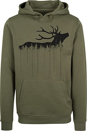 Baddery Jäger Hoodie Herren - „Waldhirsch“ - Jagd Kapuzenpullover für Jäger (Olive XXL)