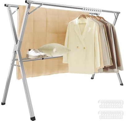 SONGMICS Wäscheständer, Standtrockner, 133-200 cm ausziehbar, zusammenklappbar, freistehend, für Innen- und Außenbereich, Taubengrau LLR902E01