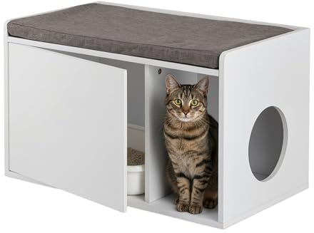 Relaxdays Katzenschrank mit Sitzauflage, 2in1 Katzenkommode & Sitzbank, HBT: 45,5 x 75 x 43 cm, für Katzenklo, weiß/grau