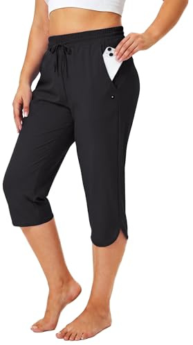 FitsT4 Sports Damen Badehose Schwimm Caprihose Lange Badeshorts Schnelltrocknend Mädchen Badeanzug für Frauen mit Netztaschen Schwarz M