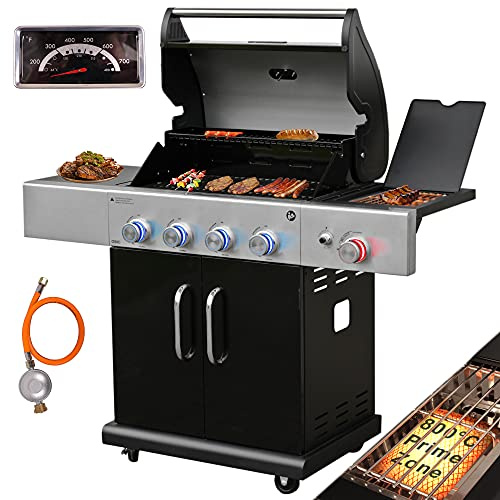 Vaiko Madison Gasgrill mit 800 °C Infrarot-Zone – Grill mit 4+1 Edelstahlbrenner, Thermometer, LED-Regler & Seitenkocher – XXL BBQ Grillwagen mit Gusseisenrost, Piezozündung, 5–11 kg Gasflasche