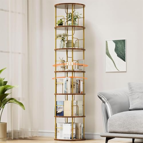 Generisch 360° Drehbares Bücherregal, Bodenstehendes Bücherschrank Aus Holz, Bookshelf Mit 6 Ebenen, Verstellbare Ebenen, Standregal, 45×45×193cm, Vintage-Braun