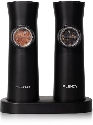 Flendy Schwerkraft elektrische Salz und Pfeffermühle Set, 2er-Set Wiederaufladbare elektrische Salz und Pfefferstreuer mit USB-C Ladestation, Gewürzmühle elektrisch für trockene Gewürze