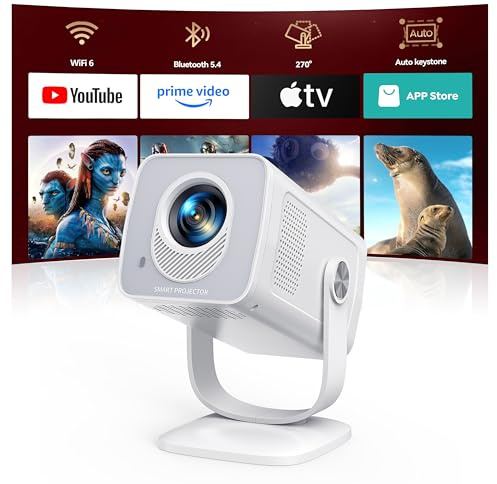 Mini Beamer 4K 1080P Unterstützt [Android 14 & 270° Drehbar] Smart Beamer Klein mit WiFi 6 Bluetooth 5.4, Tragbarer Projektor Heimkino Outdoor mit Auto Trapezkorrektur für HDMI/Android/iOS/PC/USB