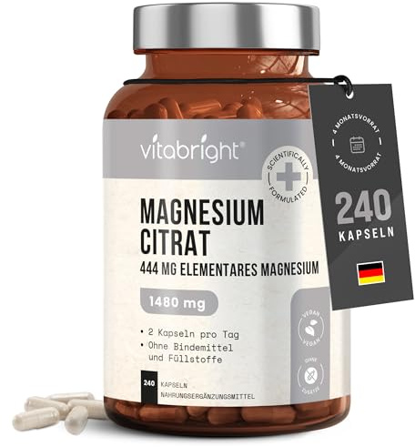 Magnesium Citrat Kapseln 444 mg Elementares Magnesium | 1480 mg Magnesiumcitrat Gepuffert | 240 Vegane Kapseln | Hochdosiert | 120 Portionen | VitaBright