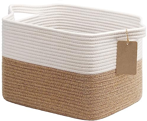 TIMEYARD Jute Aufbewahrungskorb Geflochten Organizer 34x28x24cm Weiß | Dekorativer Korb aus Jute und Baumwolle für Regal, Wohnzimmer und Kinderzimmer. Ideal für Spielzeug und Accessoires