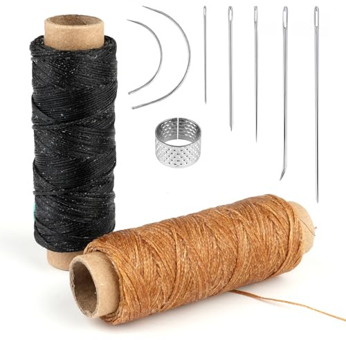Ledergarn Ledernadel, 2 Rollen Sattlergarn Gewachst, Reißfest Wachsfaden 100m mit Sattlernadel und Fingerhut, Leder Faden für Lederhandwerk Buchbinden Nähen Reparieren Schmuck (Schwarz, Hellbraun)