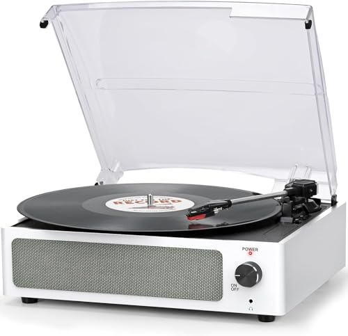 Trynnay Plattenspieler mit Lautsprecher Vinyl Schallplattenspieler Wireless LP Phonograph mit Eingebauten Stereo-Lautsprechern 3-Gang-Riemenantrieb Plattenspieler mit Lautsprechern Retro Weiß
