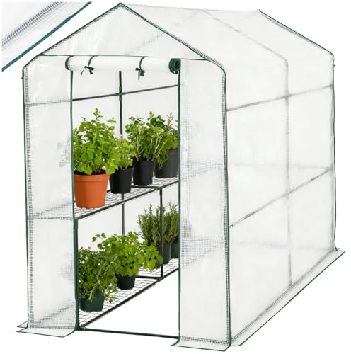 tectake® Gewächshaus mit UV-beständiger PE-Gitterfolie und 4 Metallablagegittern, 186 x 120 x 190 cm, Anzucht Gewächshaus für Tomaten & Pflanzen, Foliengewächshaus schützt vor Kälte, Regen und Frost