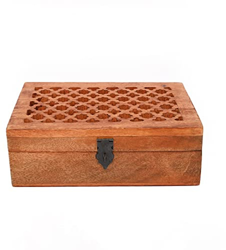 Samhita Dekorative Holzkiste Holzbox Aufbewahrungsbox aus Mangoholz mit Scharnierdeckel in Jali-Schnitzereien, Weihnachtsgeschenke, Artikel (22,86 cm x 15,24 cm x 7,62 cm)