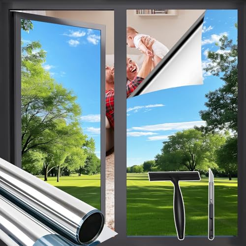 Zindoo Spiegelfolie Fensterfolie Fenster UV-Schutz Tageszeit Sichtschutzfolie Selbstklebend Silber Thermofolie, Rückstandslose Sonnenschutz Folie 40 x 200 cm