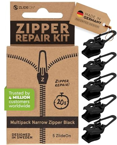 Zlideon Reißverschluss Reparaturset für schmale Reißverschlüsse – 5 Stück, Schwarz | Sofortiger Ersatz-Schieber für Kleider, Bettwäsche, Innentaschen von Handtaschen