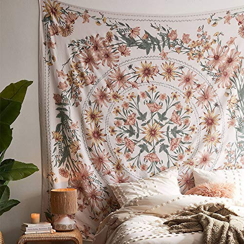 Beige Bohemian Tapisserie Wandbehang, Mandala Blumenmedaillon Hippie Tapisserie mit weißem ästhetischen Kranz Design, Psychedelischer Hippie Wanddekor Decke für Schlafzimmer Wohnheim, 150*170cm