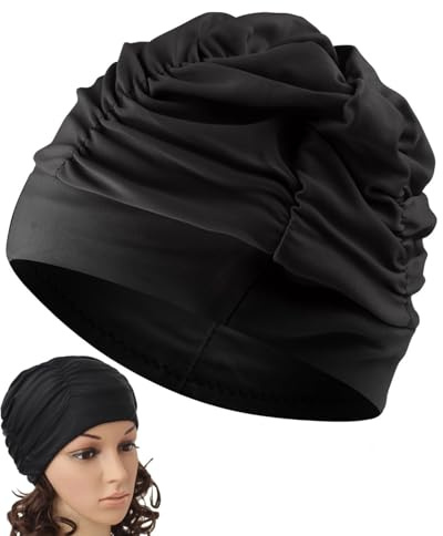LOZTBUE 1 Stück Damen Badekappe, Nylon Stoff Übergroße Badekappe Elastische Bequeme Damen und Herren Badekappen für Langes und Dicke Haar (Schwarz)
