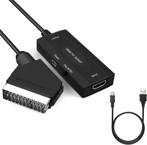 SUJAHHUJIQ Konverter HDMI auf Scart, Adapter HD 1080P mit Kabeln, Input HDMI Output Scart Video Audio Konverter NTSC/PAL