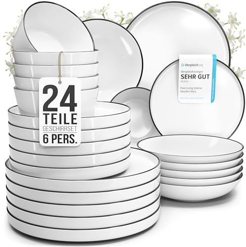 Porzellan Geschirrset 6 Personen Scandi 24 tlg. TESTSIEGER, Traumhaftes skandinavisches Porzellan Geschirr Set, Schüssel- und Teller Set, Tafelservice 6 Personen, Geschirrsets Pure Living in weiß