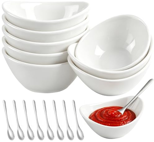 Ferenando Dipschalen Weiß Porzellan mit Löffel, 60ml Dip Schalen Set von 8 | Kleine Schälchen für Dips, Dip Schälchen Keramik Oval für Sushi, Sojasauce, Snack, Saucen, Spülmaschinen- & Mikrowellenfest
