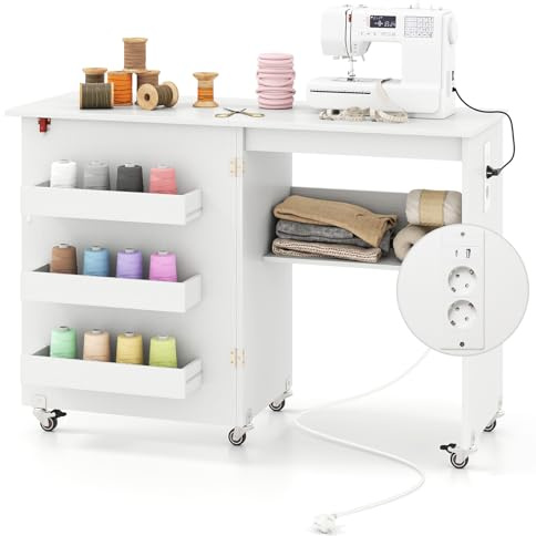 COSTWAY 2 in 1 Nähtisch klappbar mit Ladestation, Nähmaschinenschrank aus Holz mit Regalen, Nähschrank mit abschließbaren Rädern, Nähmaschinentisch Basteltisch für Wohnzimmer, Schlafzimmer (Weiß)