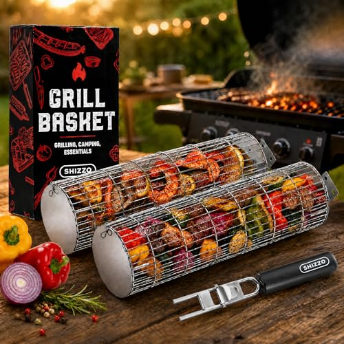 SHIZZO Rollgrillkorb, Stabiler Zylindergrill, Lebensmittelechter Edelstahl, Großer Tragbarer Grillnetzständer Für Camping Im Freien, Kochgriller Für Fisch, 2Er-Set