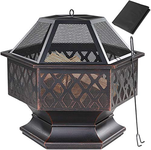GARDEBRUK® Feuerschale mit Funkenschutz Schürhaken Abdeckung 70cm Eckig Antik Schwarz Terrasse Garten Feuerstelle Feuerkorb Kamin Ofen Holz Grill