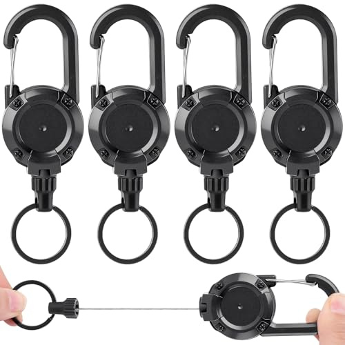 Thboxes 4 Stück Schlüsselanhänger Ausziehbar, 60 cm Stahlseil, Schwarz | ABS Gehäuse, Karabinerhaken, Bis 250 G, für Schlüssel, Ausweise und Kleine Werkzeuge