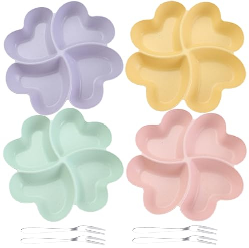 Coztie Snackteller mit 4 Fach Fächern, 4 Stück Herzförmige Snackteller mit 4 Fruchtgabel Aus Edelstahl Wiederverwendbar Snackschale für Familie Esszimmer Lagerung Frucht Snack 21,5 x 3,2 cm 4 Farben