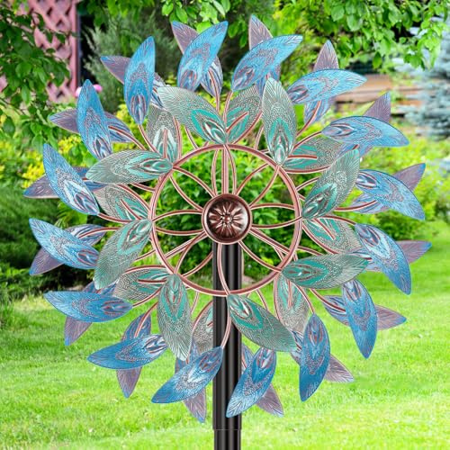 VeyFolzin.st Metall Windrad Garten Dekoration mit Federblättern in Retro-Farben - Elegante Windspiele für Garten, Rasen und Terrasse, Windskulptur Spinner mit Metallpfahl