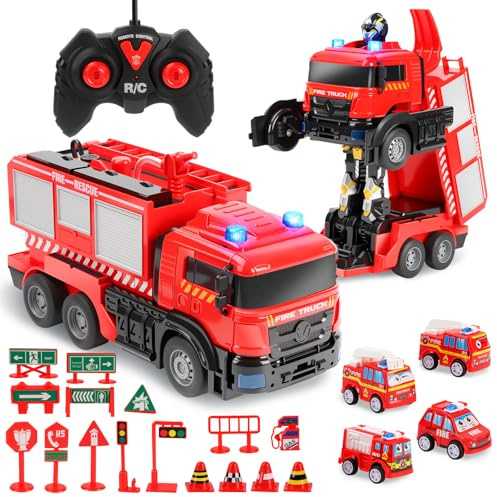 Charmofun Feuerwehrauto Ferngesteuert, 1:14 Groß Feuerwehr Spielzeug mit Licht Sound Wasserspritz, 2 in 1 Transformator Ferngesteuertes Auto Spielzeug, Spielzeugauto Kinder Weihnachten Geschenke
