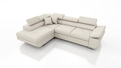 Robin Inspire Saturn Kingston Ecksofa mit Schlaffunktion L-Form Links Creme | L-Form Schlafsofa mit Bettkasten, verstellbare Kopfstützen, Kissen, Wohnlandschaft, Kingston Stoff, freistehende Eckcouch