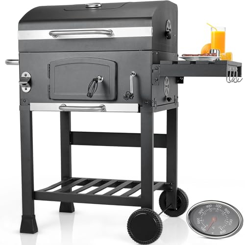 LIFERUN Holzkohlegrill mit Deckel, Grillwagen BBQ Smoker XL für Garten | Holzkohle Grillwagen mit 2PCS Rädern, Grillrost, Thermometer und Ablage, Standgrill, Groß Kohlegrillwagen für Camping, Garten