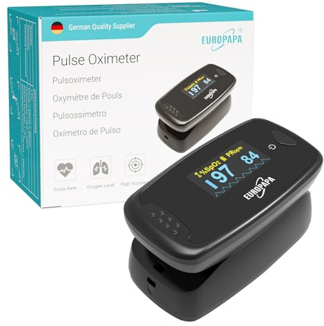 EUROPAPA Pulsoximeter,Fingerpulsoximeter,Oximeter ideal zur schnellen Messung der Sauerstoffsättigung (SpO2)-Einfacher Pulsmesser für Erwachsene–OLED Anzeige (Schwarz)