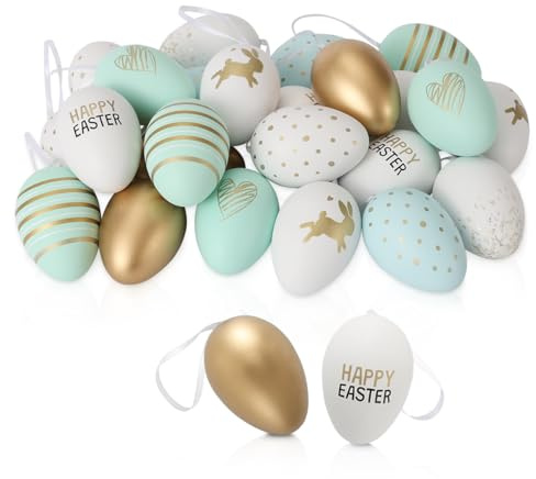 Festicy Ostereier 24 Stück I die Ostern Deko 2026 I (Weiß, Grün, Gold) 8 Designs I Hasen, Happy Easter Schriftzug I Ostereier zum Aufhängen draußen I Plastik Oster Eier Outdoor