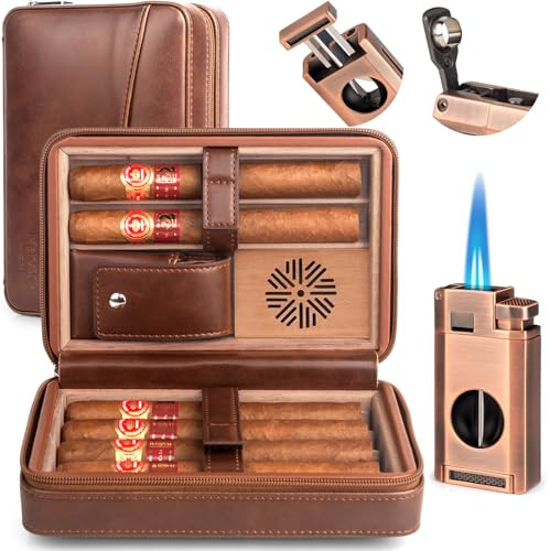 Marvero Reisehumidor aus Leder für 6 Zigarren, 3-in-1 Feuerzeug, Braun | B0FBRFKKZB