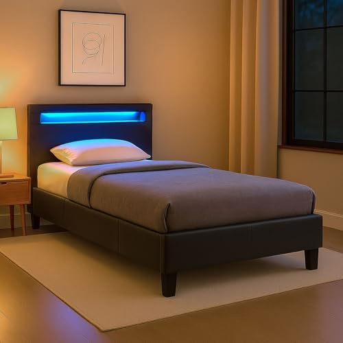 CARO-Möbel Polsterbett Mandalay mit LED Beleuchtung Einzelbett Lederbett 90 x 200 cm mit Lattenrahmen, Lederimitat in schwarz