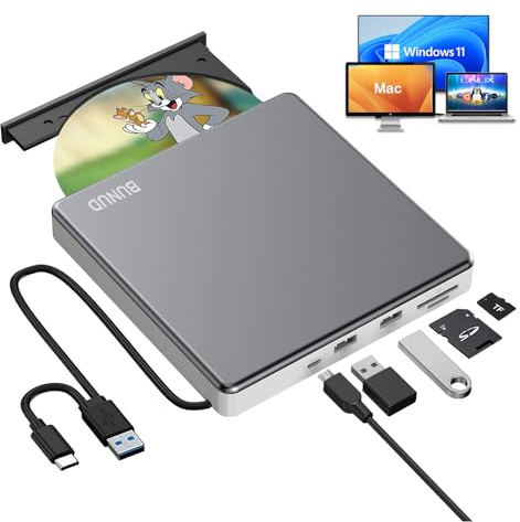 BUNUD Externes CD Laufwerk für Laptop: USB-C DVD Brenner Extern DVD Laufwerk Extern USB mit SD/TF & 2 USB Ports - Externer CD/DVD Brenner und Player für Windows 11 Mac MacBook PC